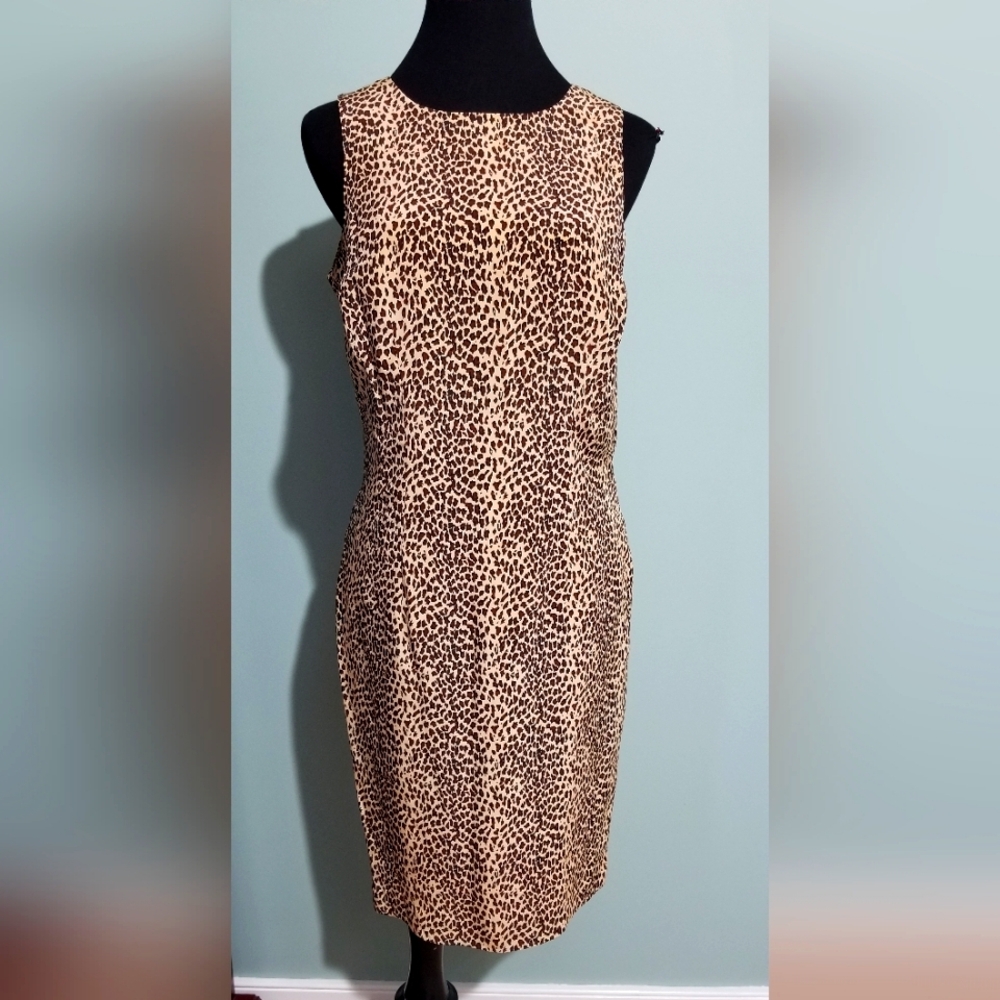 Vintage 90s Maggy London Silk Leopard Print Sheath Dress